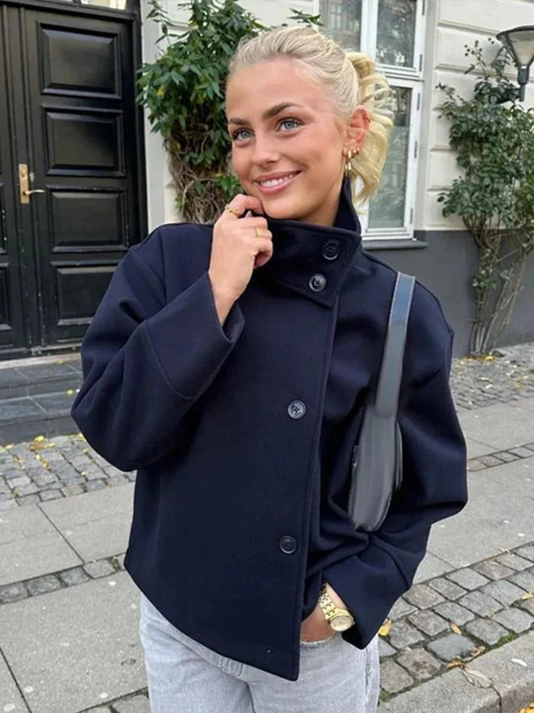 Short Women's Coat with Buttons and High Collar