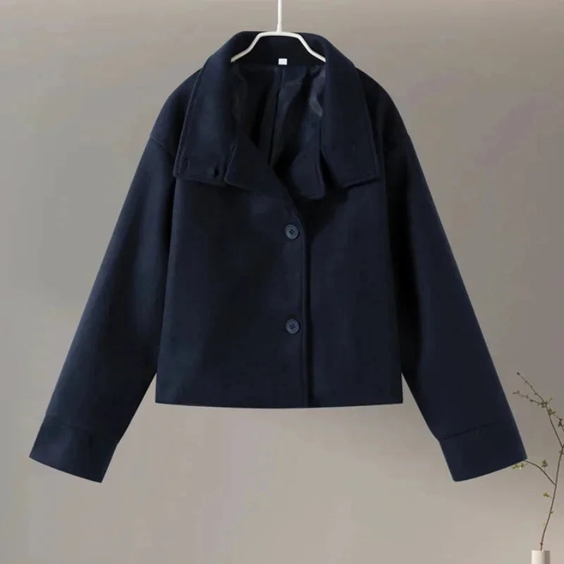 Short Women's Coat with Buttons and High Collar