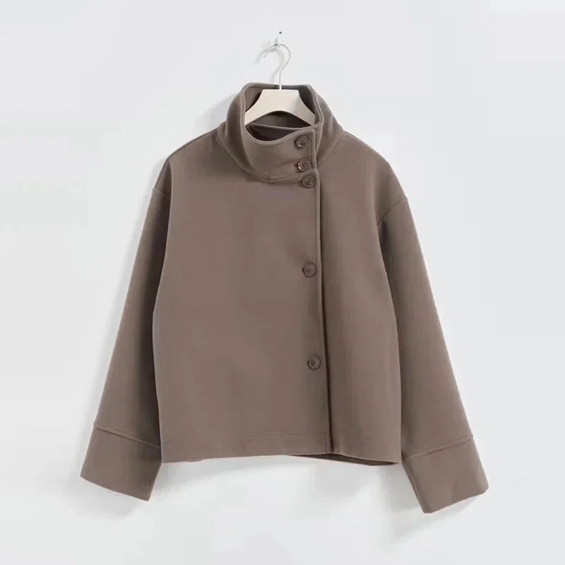 Short Women's Coat with Buttons and High Collar