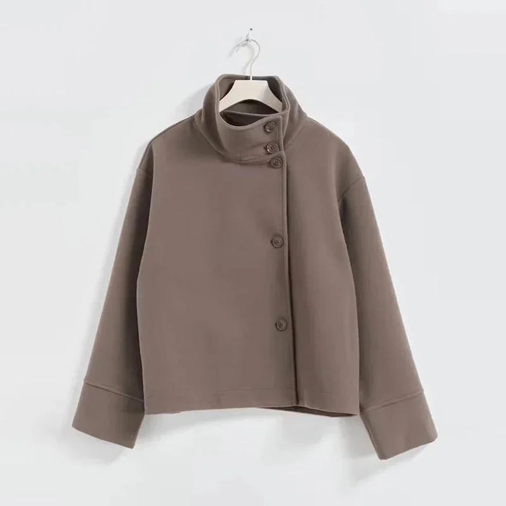 Short Women's Coat with Buttons and High Collar