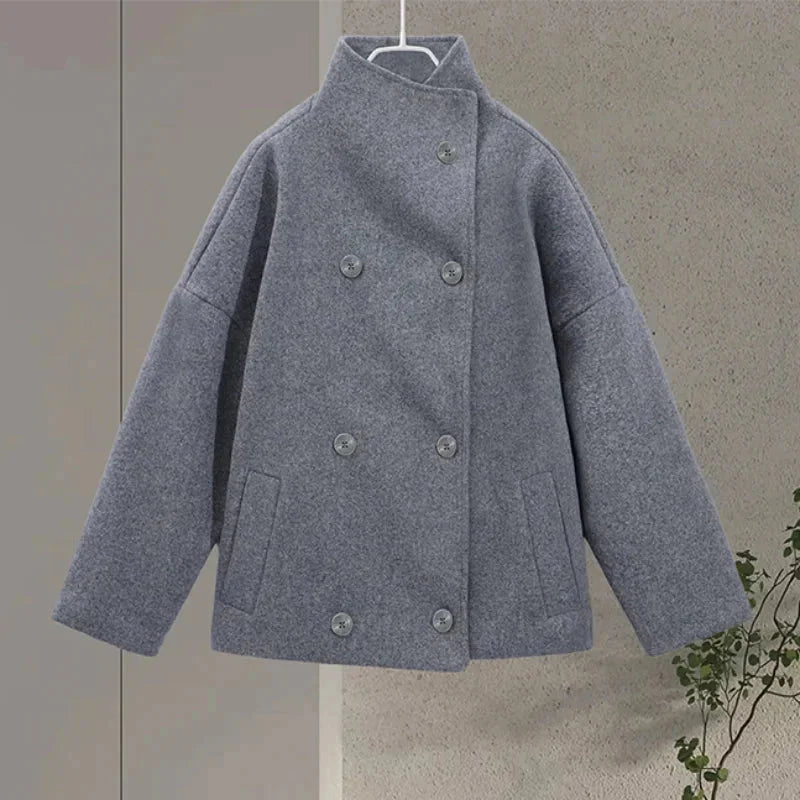 Short Women's Coat with Buttons and High Collar