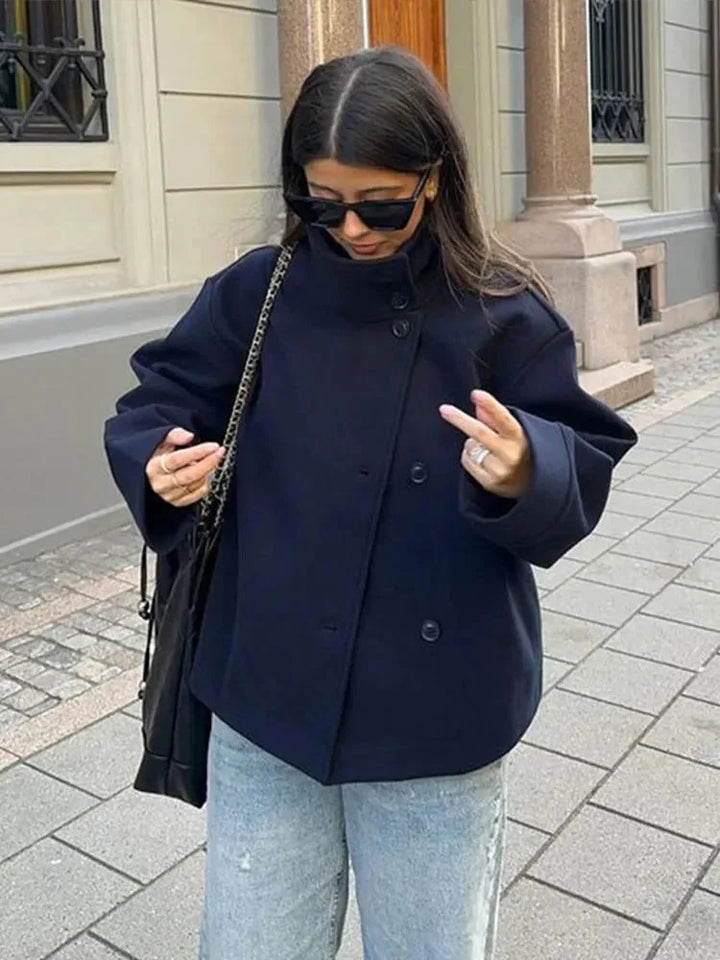 Short Women's Coat with Buttons and High Collar