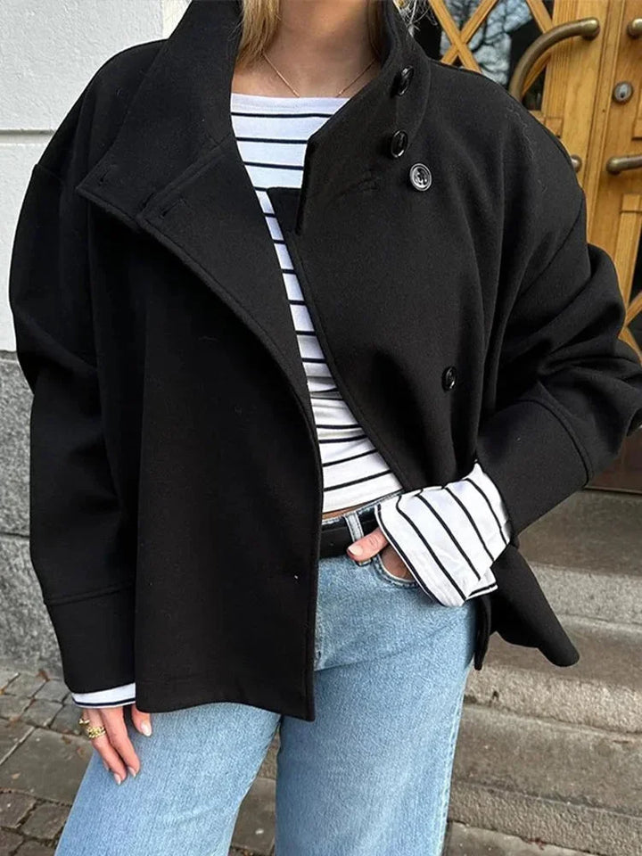 Short Women's Coat with Buttons and High Collar