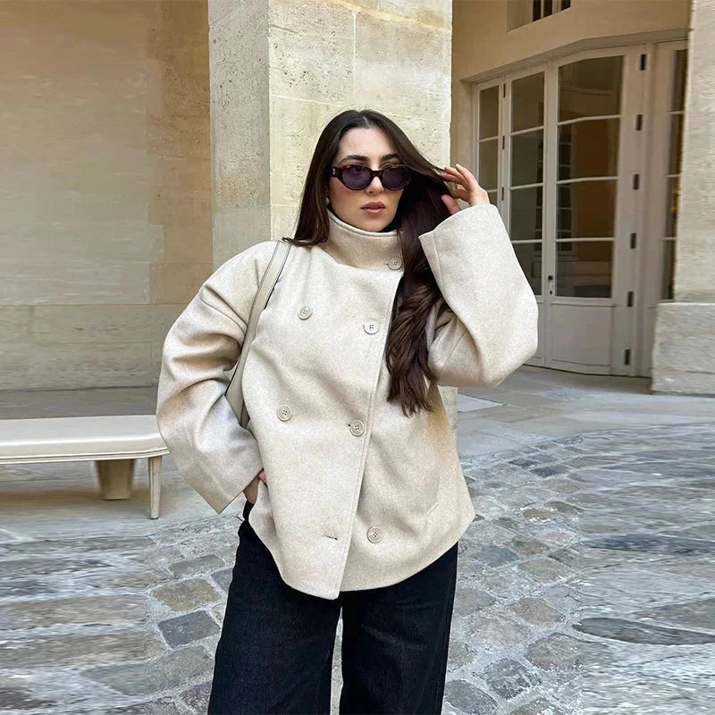 Short Women's Coat with Buttons and High Collar