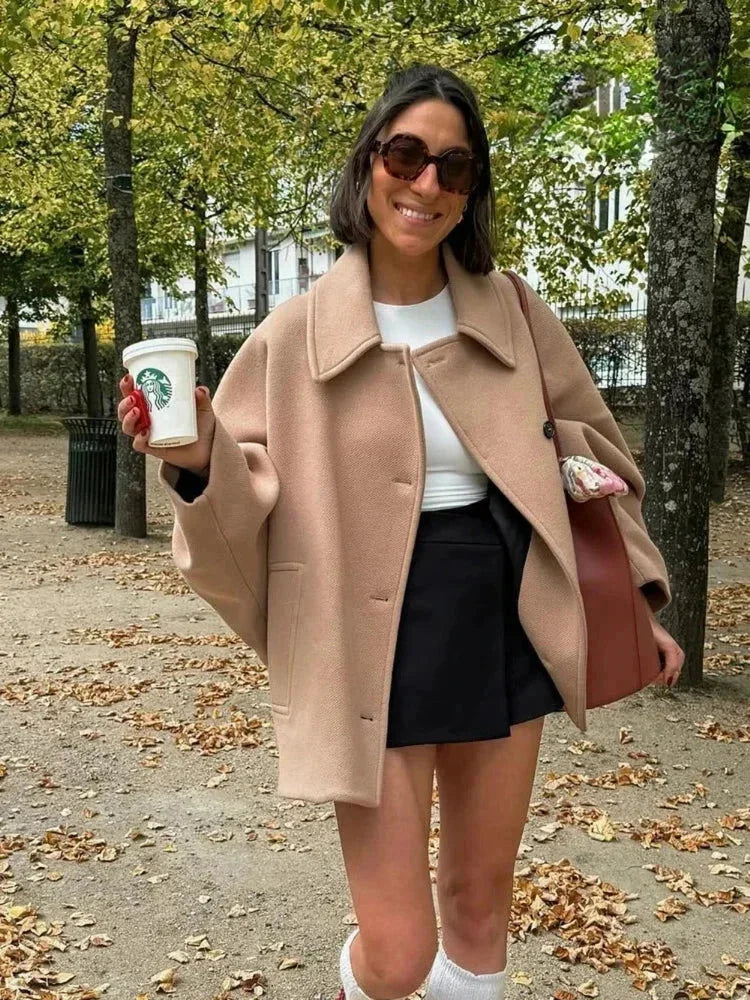 Beige Oversized Short Coat for Women with Buttons