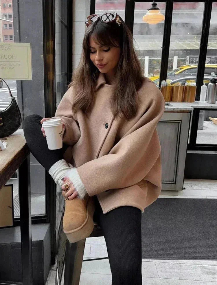 Beige Oversized Short Coat for Women with Buttons