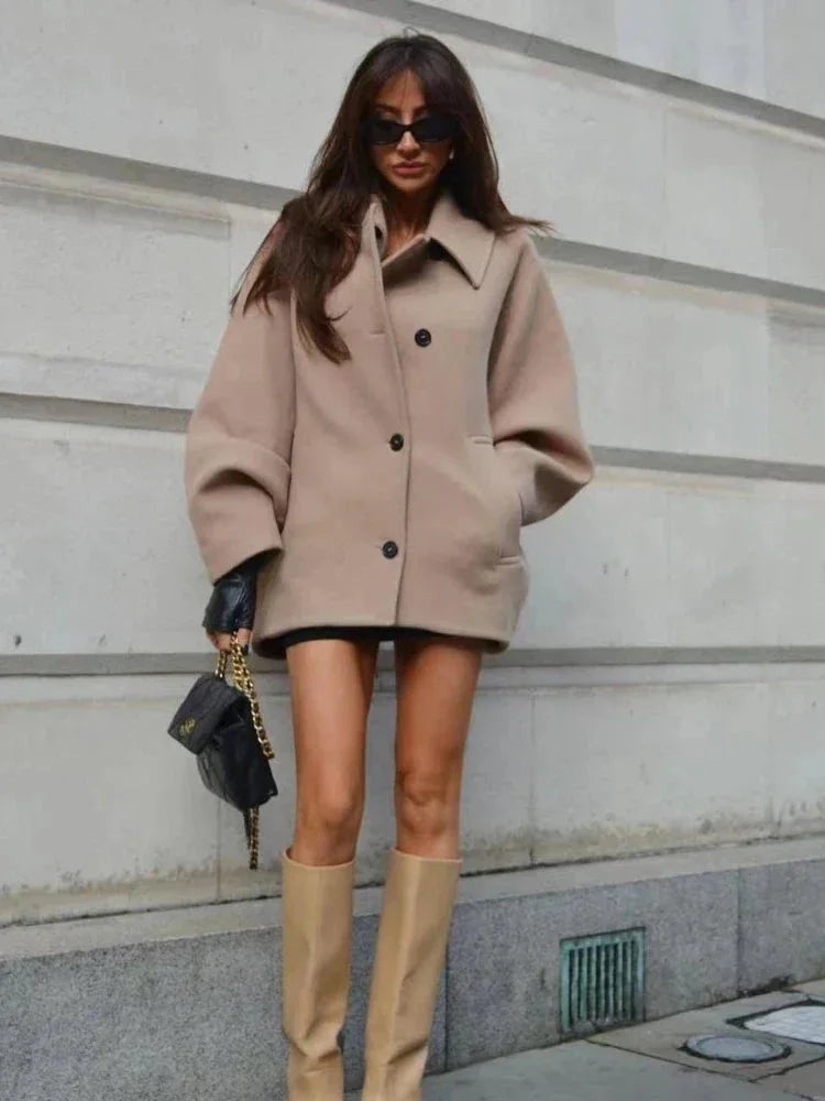 Beige Oversized Short Coat for Women with Buttons