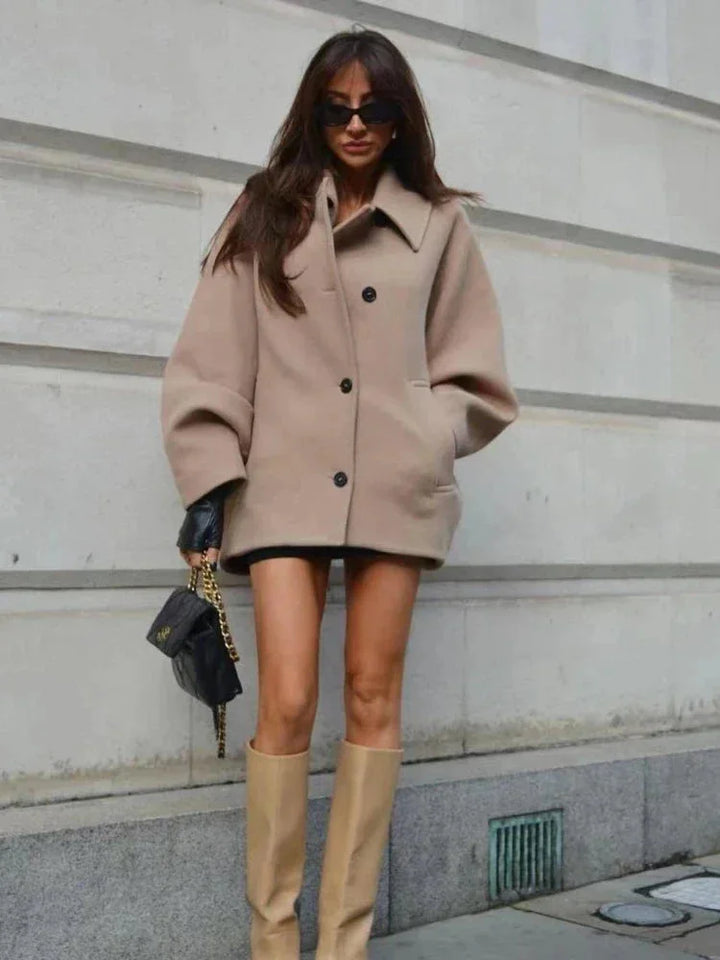 Beige Oversized Short Coat for Women with Buttons