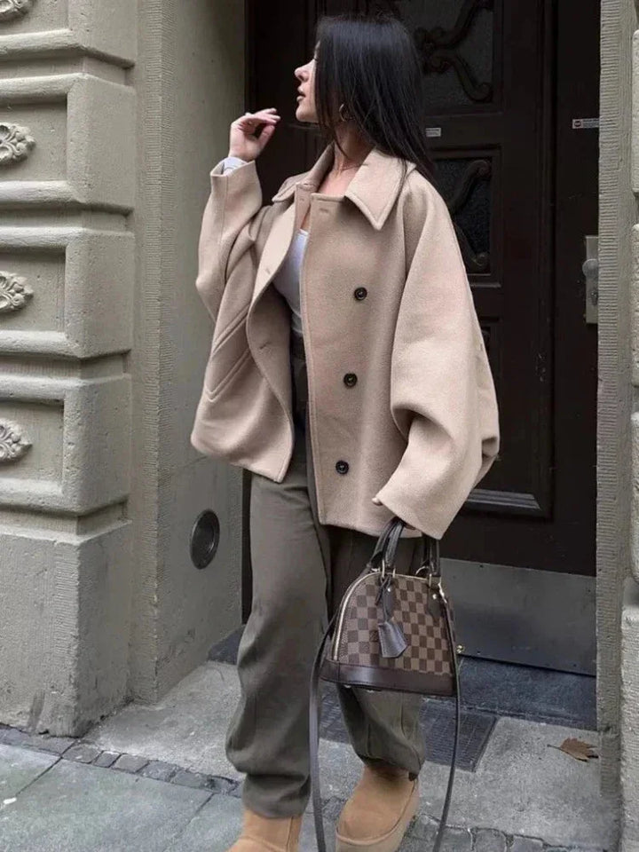 Beige Oversized Short Coat for Women with Buttons