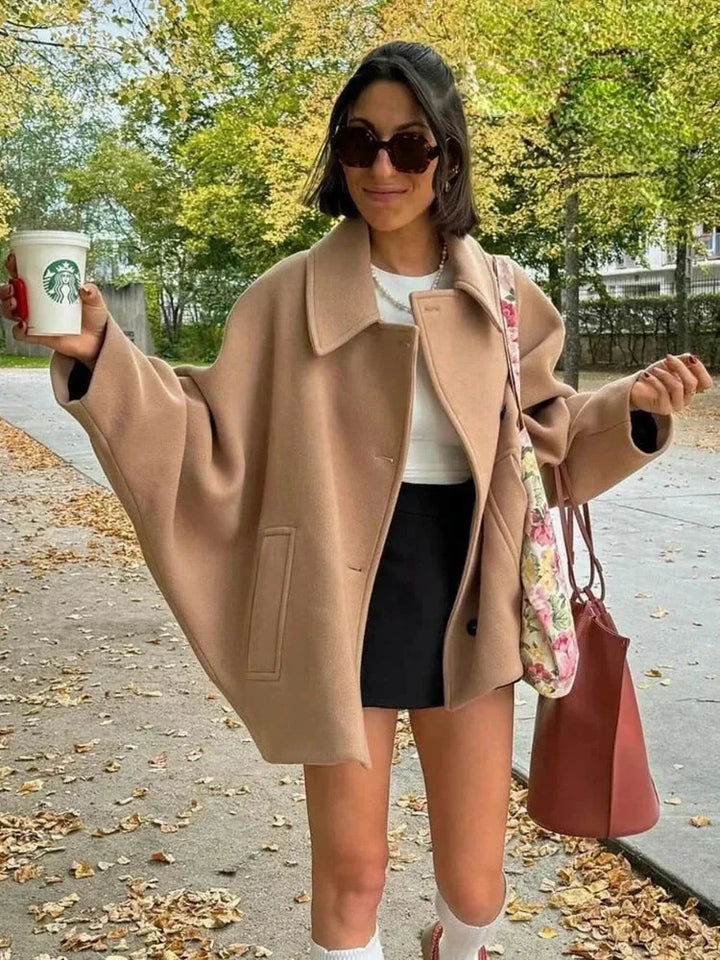 Beige Oversized Short Coat for Women with Buttons