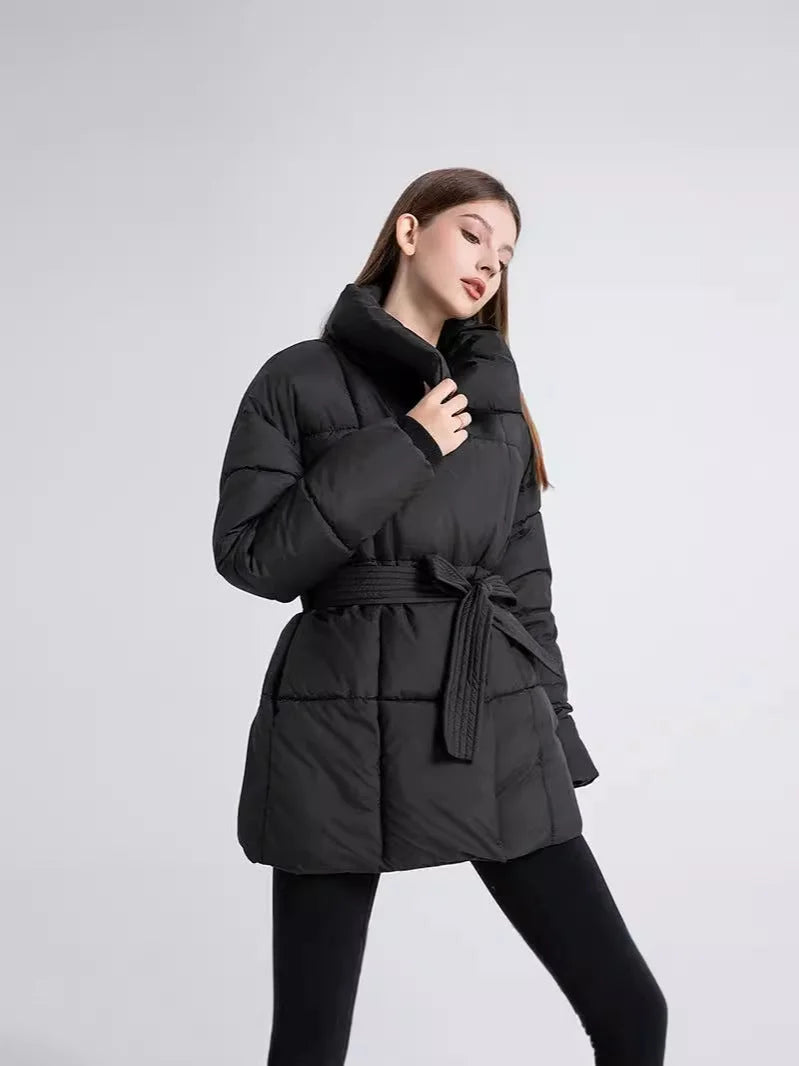 Women's Winter Coat with Belt and Elegant Collar