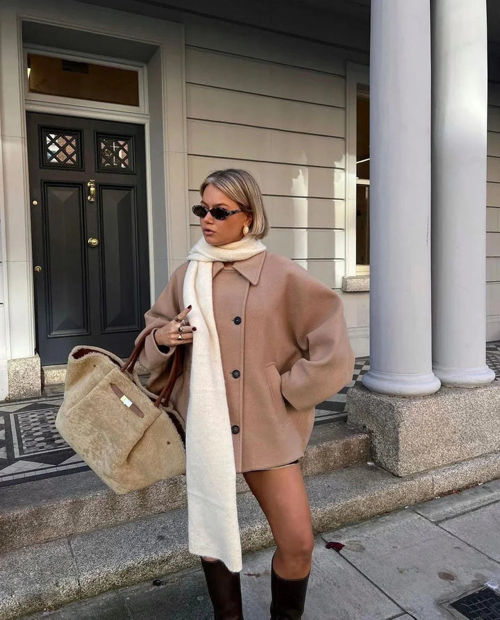 Oversized Women's Coat with Large Lapels and Buttons