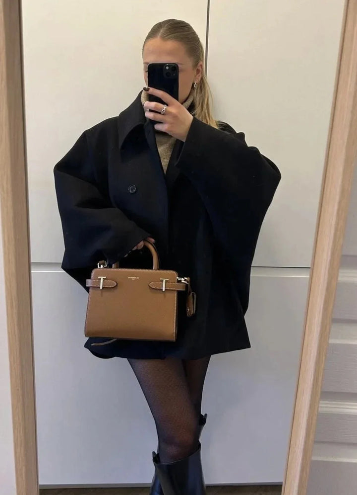 Oversized Women's Coat with Large Lapels and Buttons