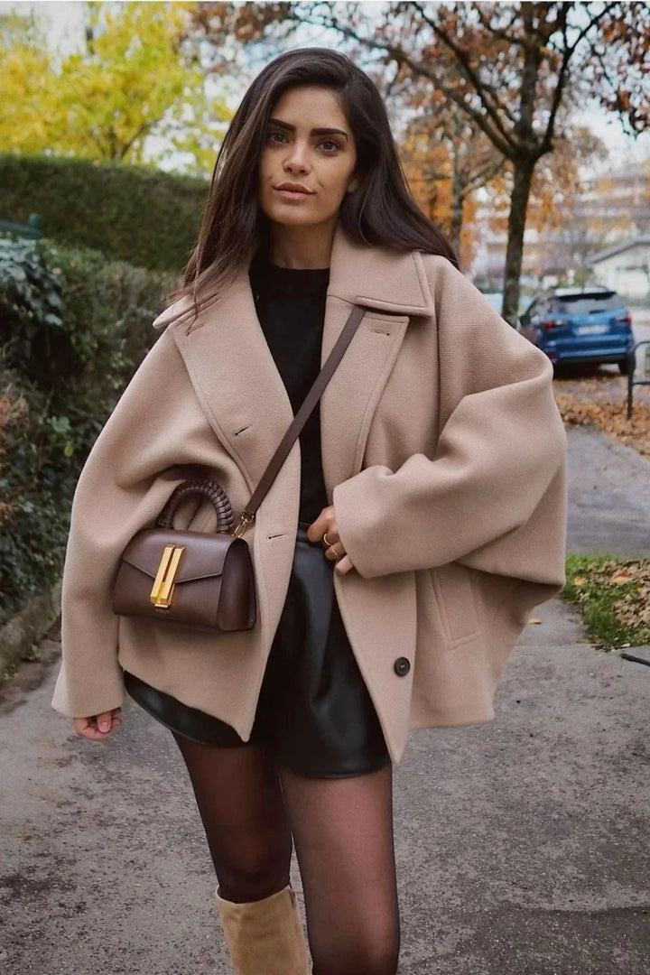 Oversized Women's Coat with Large Lapels and Buttons