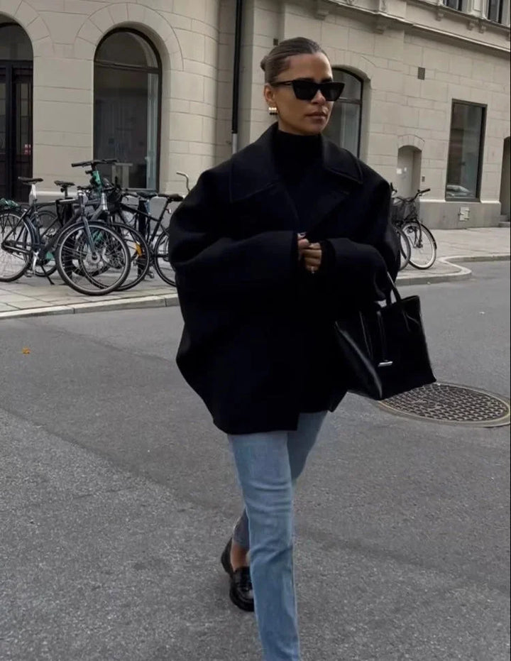 Oversized Women's Coat with Large Lapels and Buttons