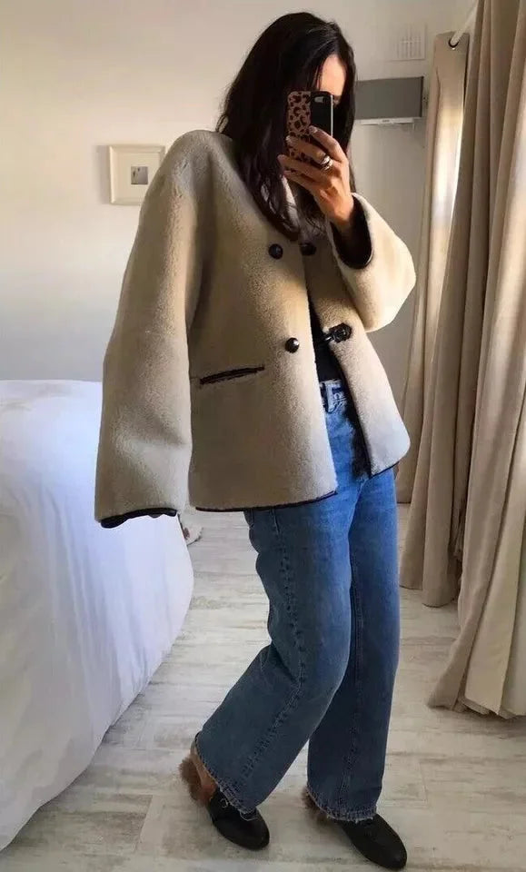 Women's Beige Coat with Modern Toggle Closures