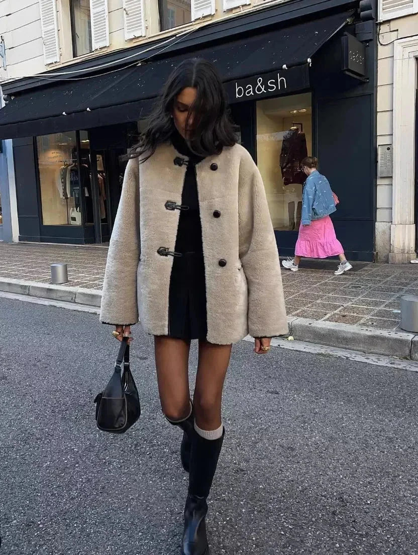 Women's Beige Coat with Modern Toggle Closures