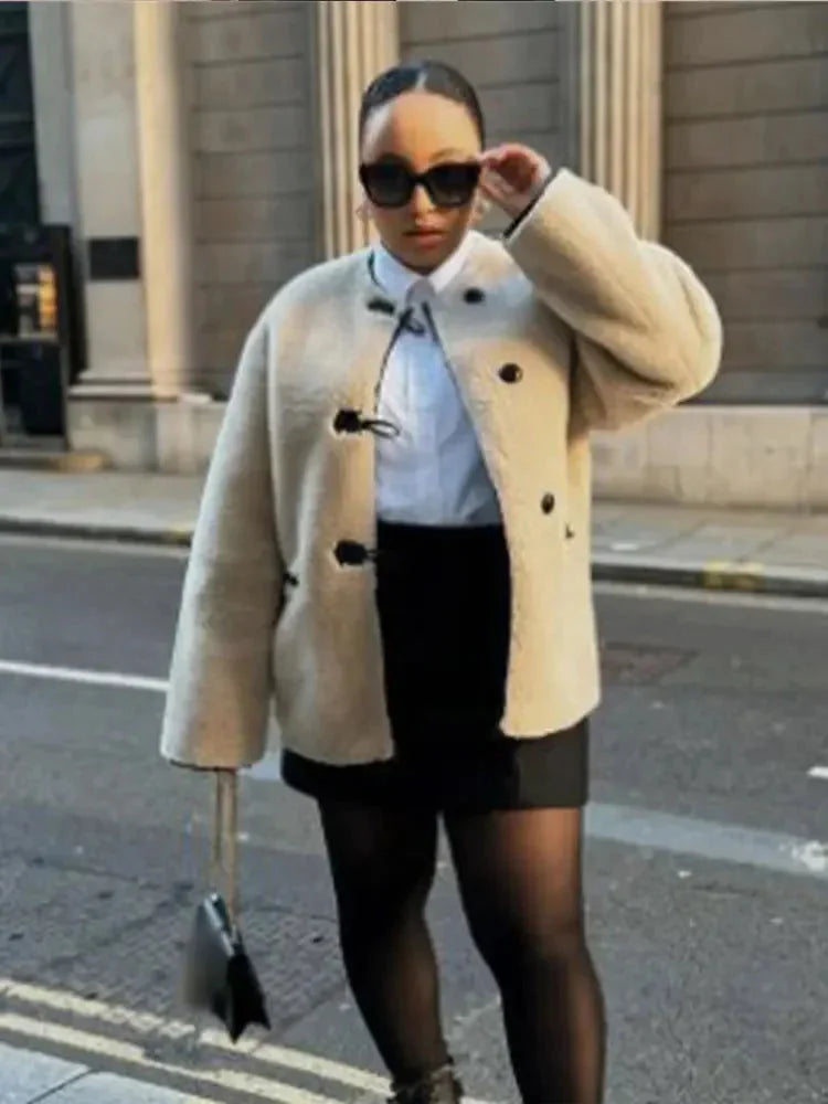 Women's Beige Coat with Modern Toggle Closures