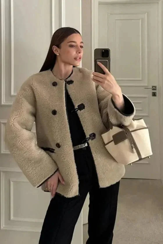 Women's Beige Coat with Modern Toggle Closures