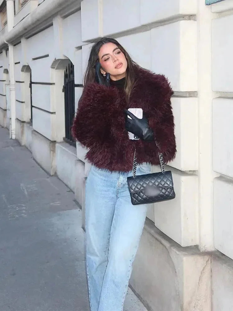 Burgundy Women's Faux Fur Coat with Large Collar