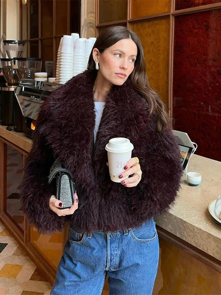 Burgundy Women's Faux Fur Coat with Large Collar