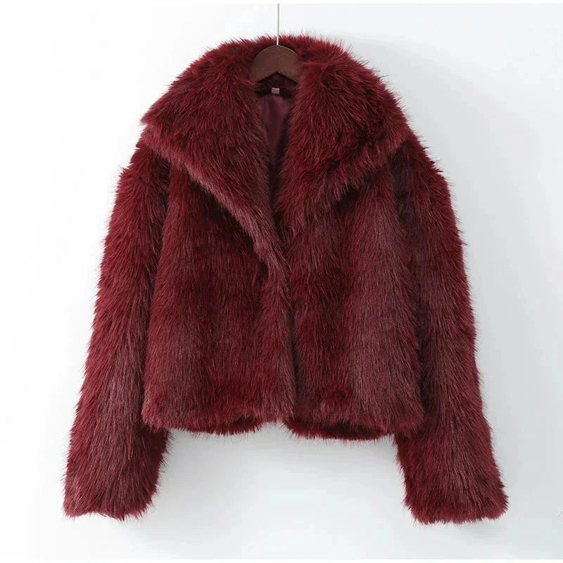 Burgundy Women's Faux Fur Coat with Large Collar