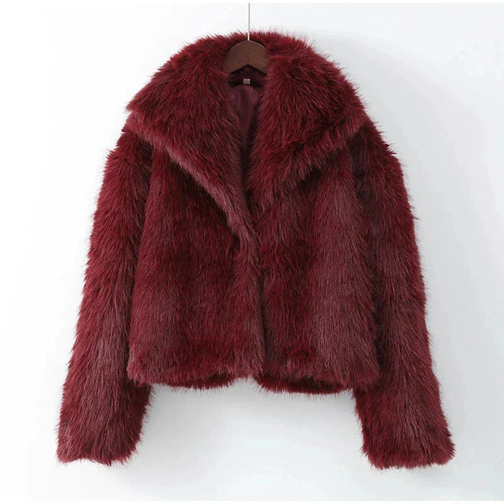 Burgundy Women's Faux Fur Coat with Large Collar