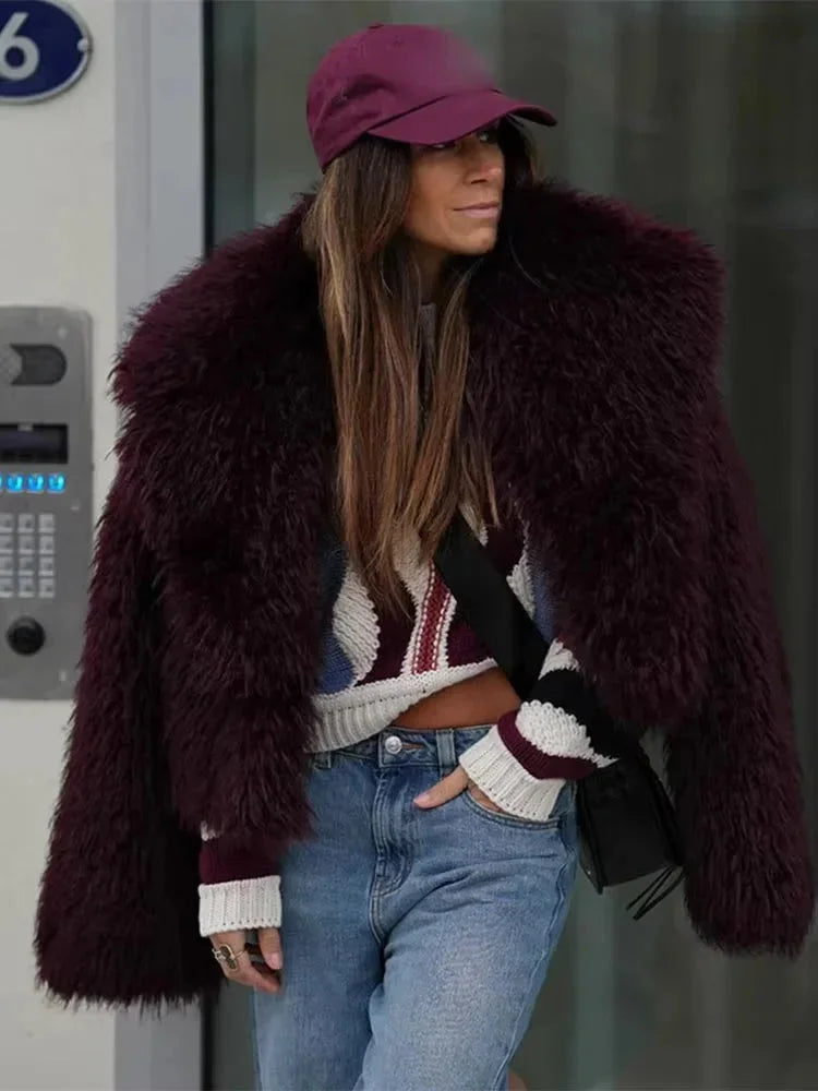 Burgundy Women's Faux Fur Coat with Large Collar