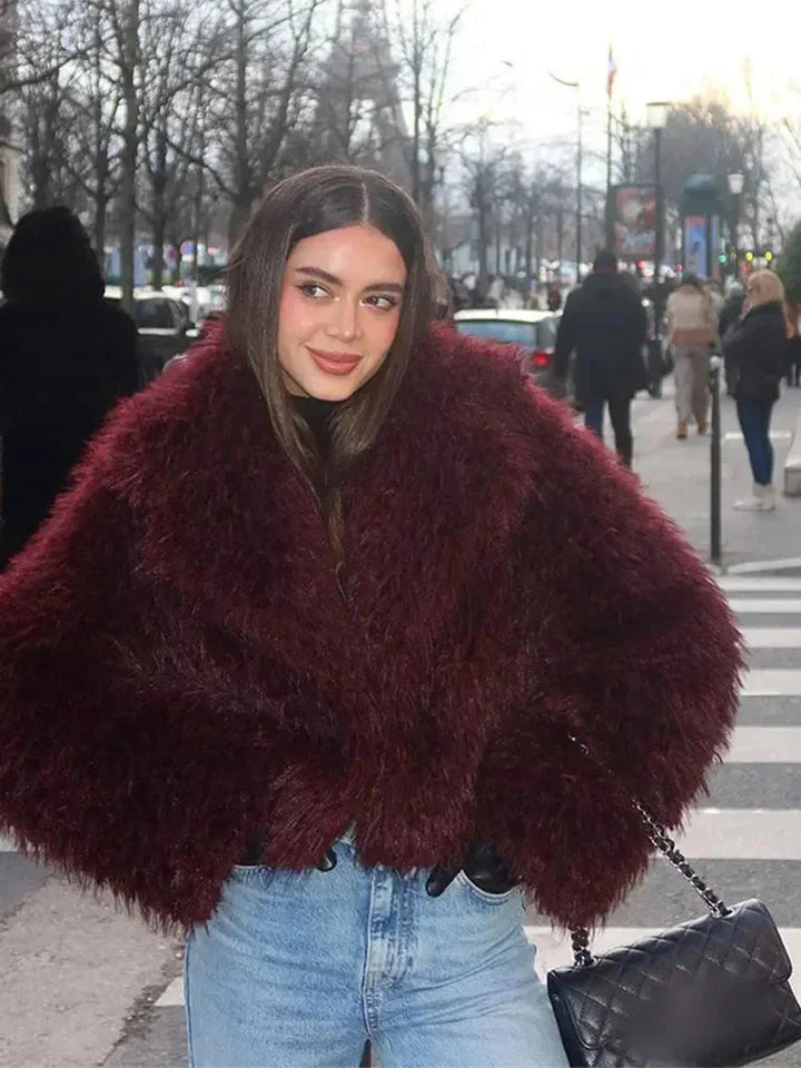 Burgundy Women's Faux Fur Coat with Large Collar