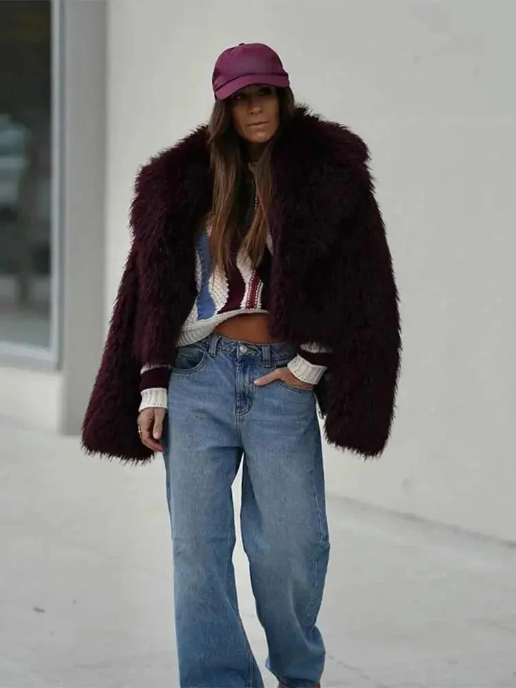 Burgundy Women's Faux Fur Coat with Large Collar