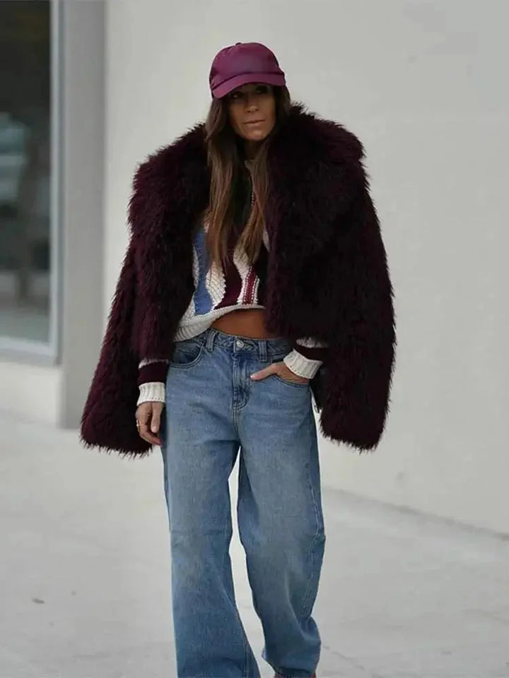 Burgundy Women's Faux Fur Coat with Large Collar