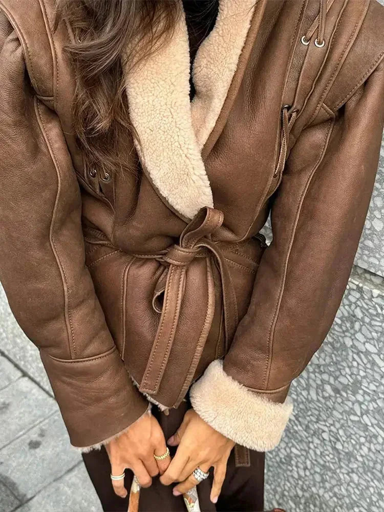 Women's Brown Belted Shearling Collar Coat