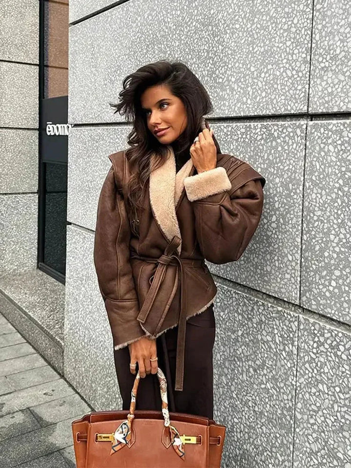 Women's Brown Belted Shearling Collar Coat