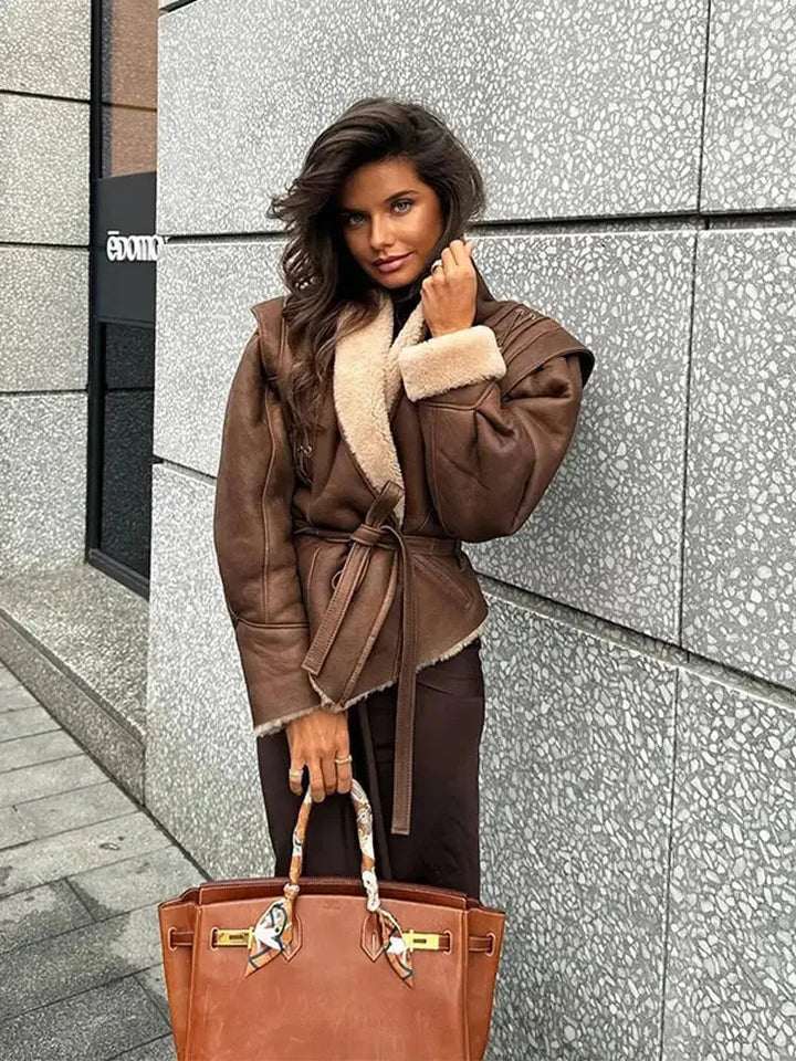 Women's Brown Belted Shearling Collar Coat