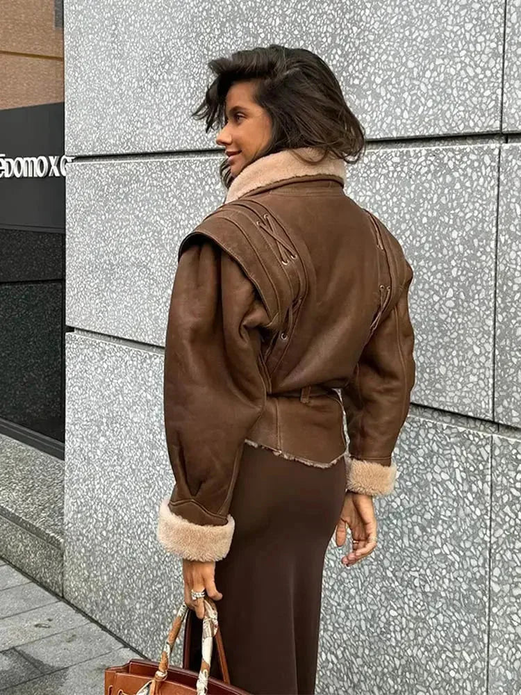 Women's Brown Belted Shearling Collar Coat