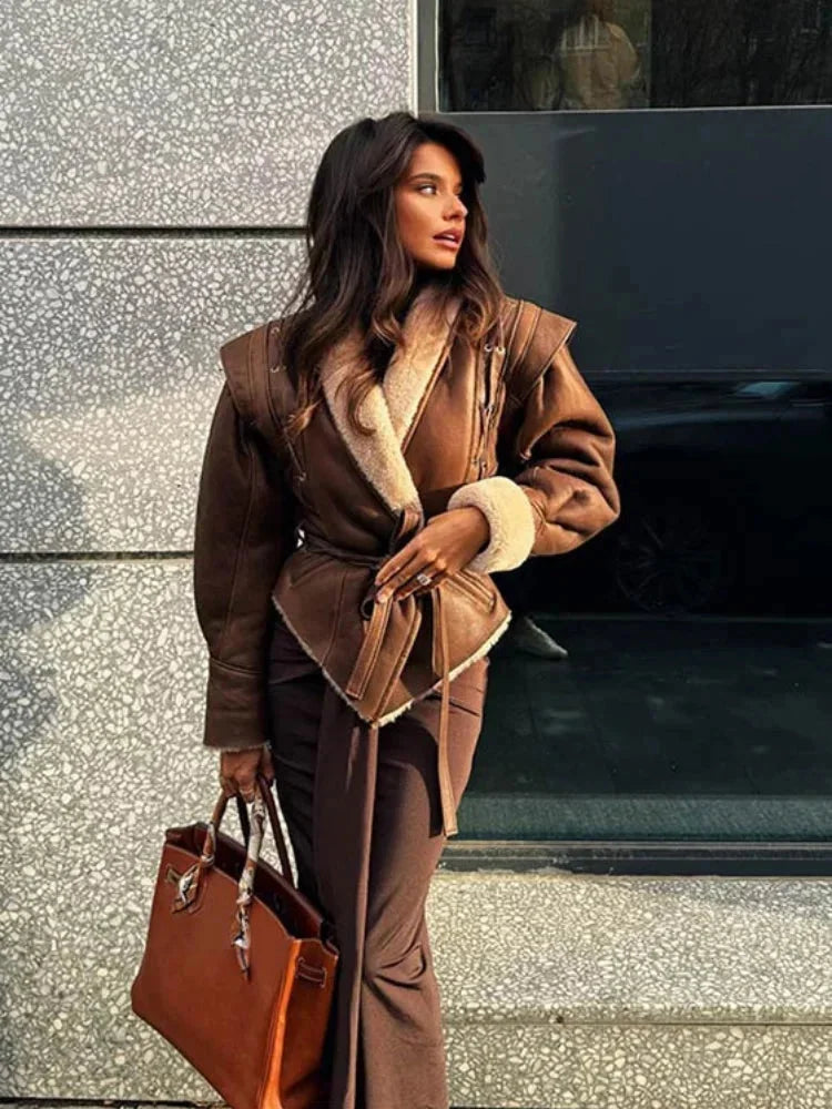 Women's Brown Belted Shearling Collar Coat