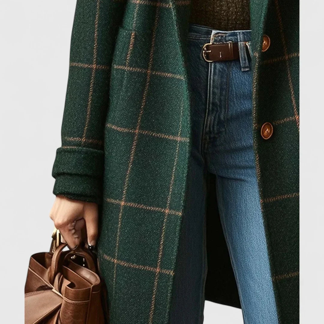 Women's Green Checkered Coat with Buttons