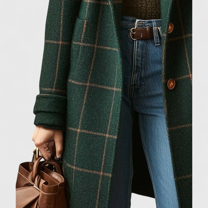 Women's Green Checkered Coat with Buttons