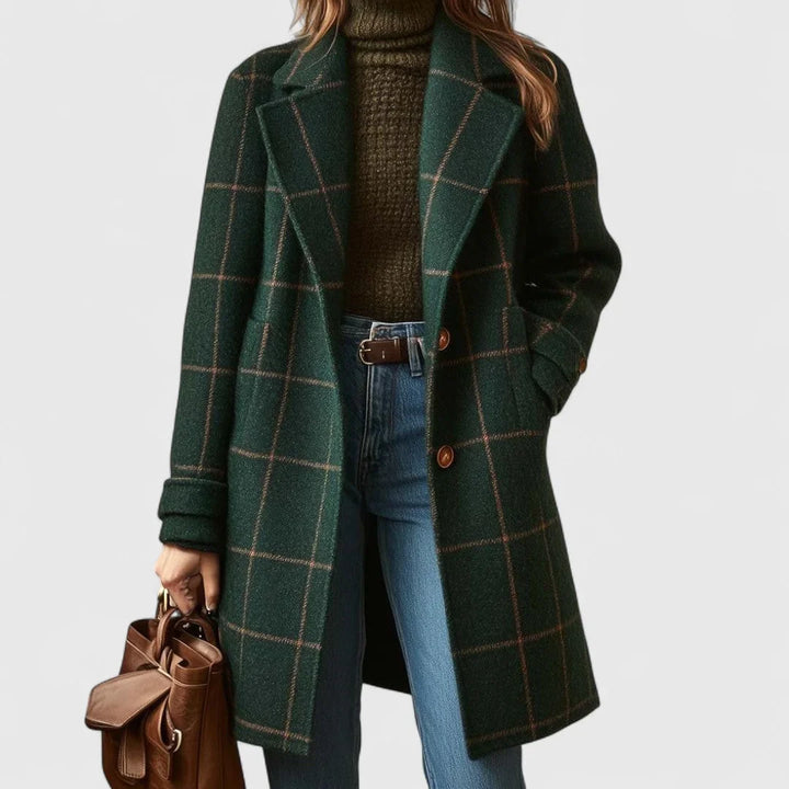 Women's Green Checkered Coat with Buttons