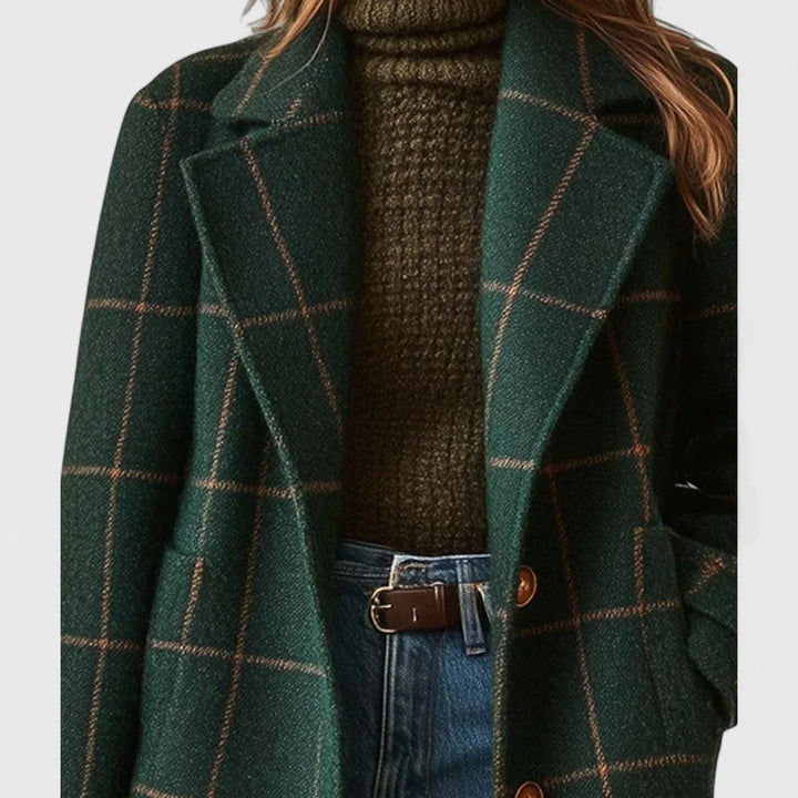Women's Green Checkered Coat with Buttons