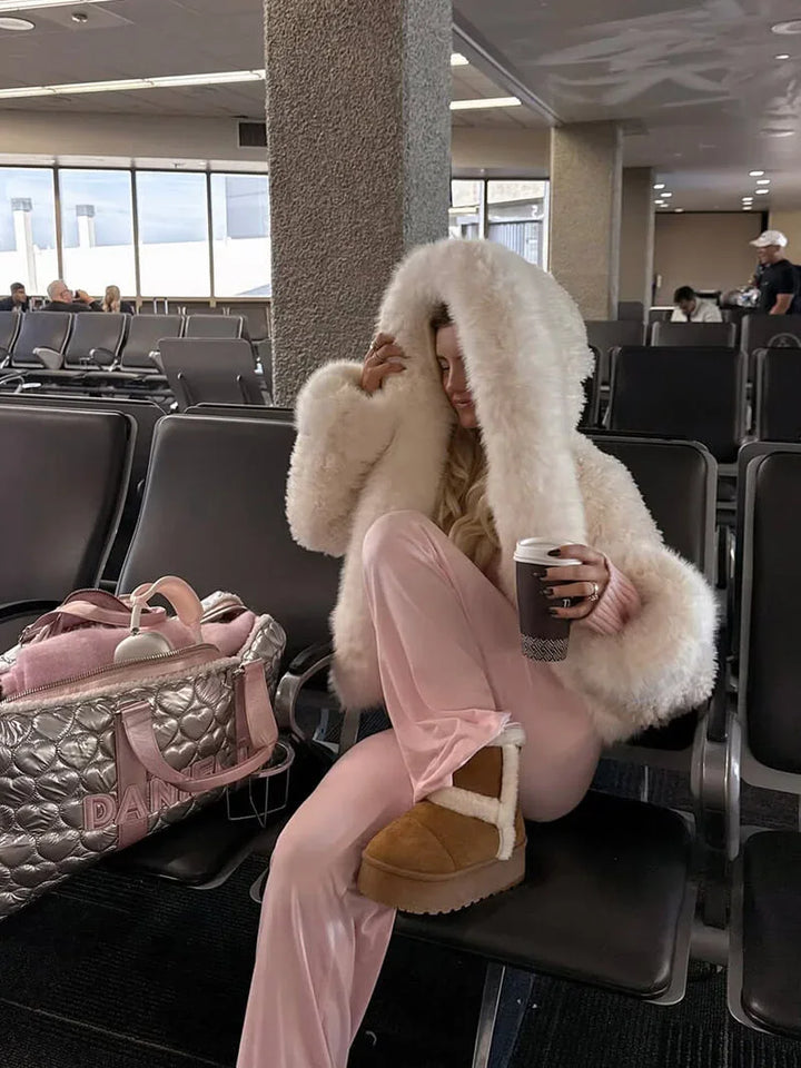 Casual Women's Coat with Faux Fur Hood