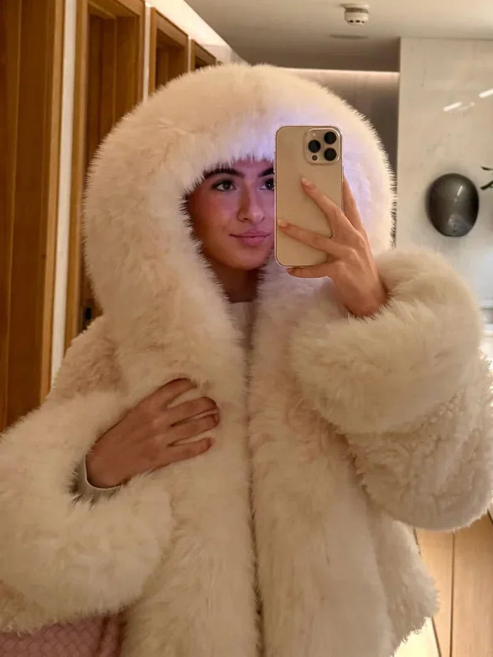 Casual Women's Coat with Faux Fur Hood