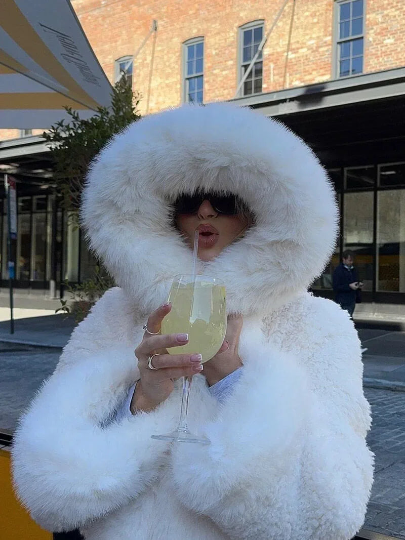 Casual Women's Coat with Faux Fur Hood