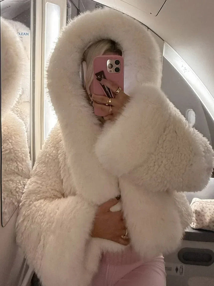Casual Women's Coat with Faux Fur Hood