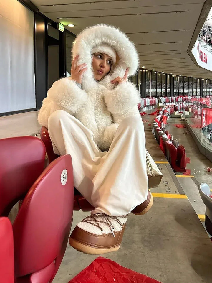 Casual Women's Coat with Faux Fur Hood