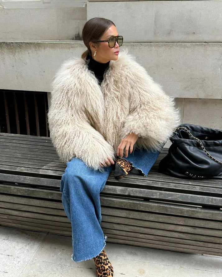 Women's Beige Faux Fur Coat with Long Sleeves