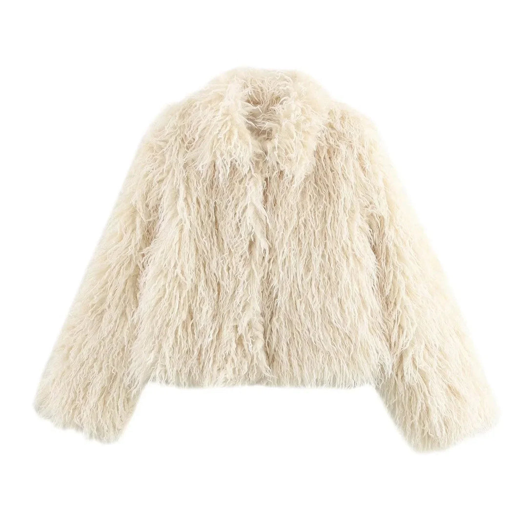 Women's Beige Faux Fur Coat with Long Sleeves