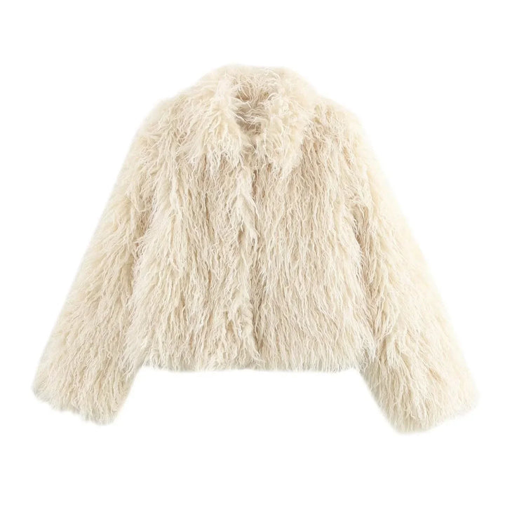 Women's Beige Faux Fur Coat with Long Sleeves