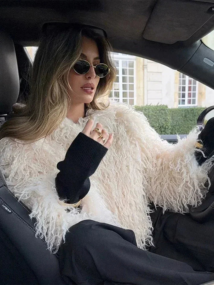 Women's Beige Faux Fur Coat with Long Sleeves