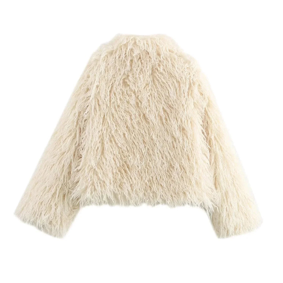 Women's Beige Faux Fur Coat with Long Sleeves